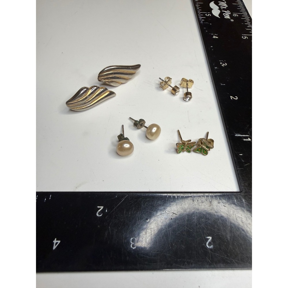 Mixed Stud Earring Lot 4 Pairs Butterfly Pearl Wing Rhinestone Silver Gold Tone